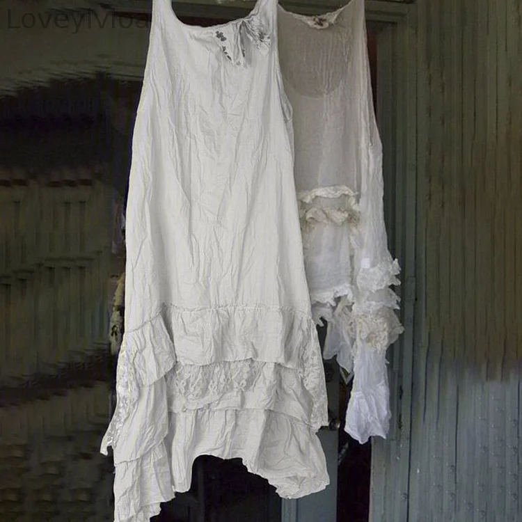 Vintage Multi Layer Ruffle Edge Linen Cotton Sleeveless Maxi Dress
