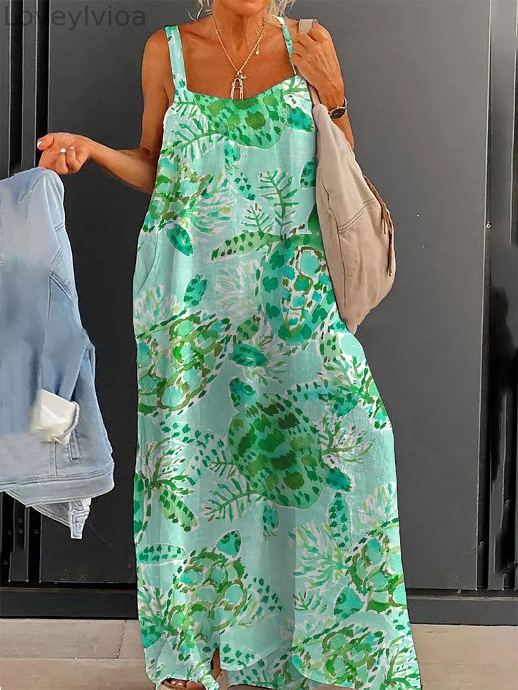 Women's Turtle Fresh Print Large Size Loose Strap Print Dress Long Skirt