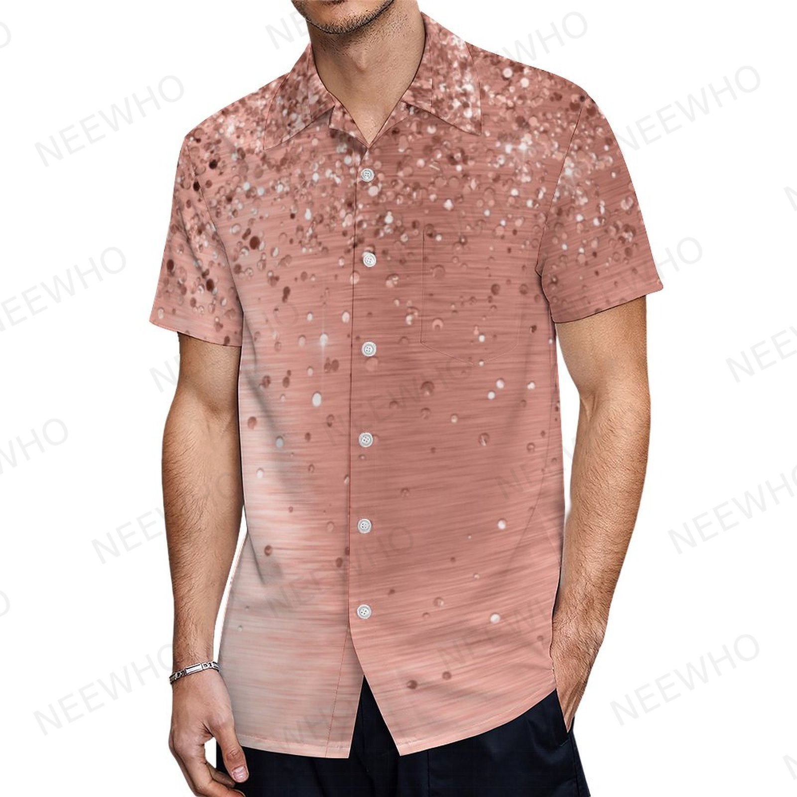 Rose Gold Brushed Metal Glitter Men's Tropical Print Hawaiian Beach Vacation Shirt Gold-S