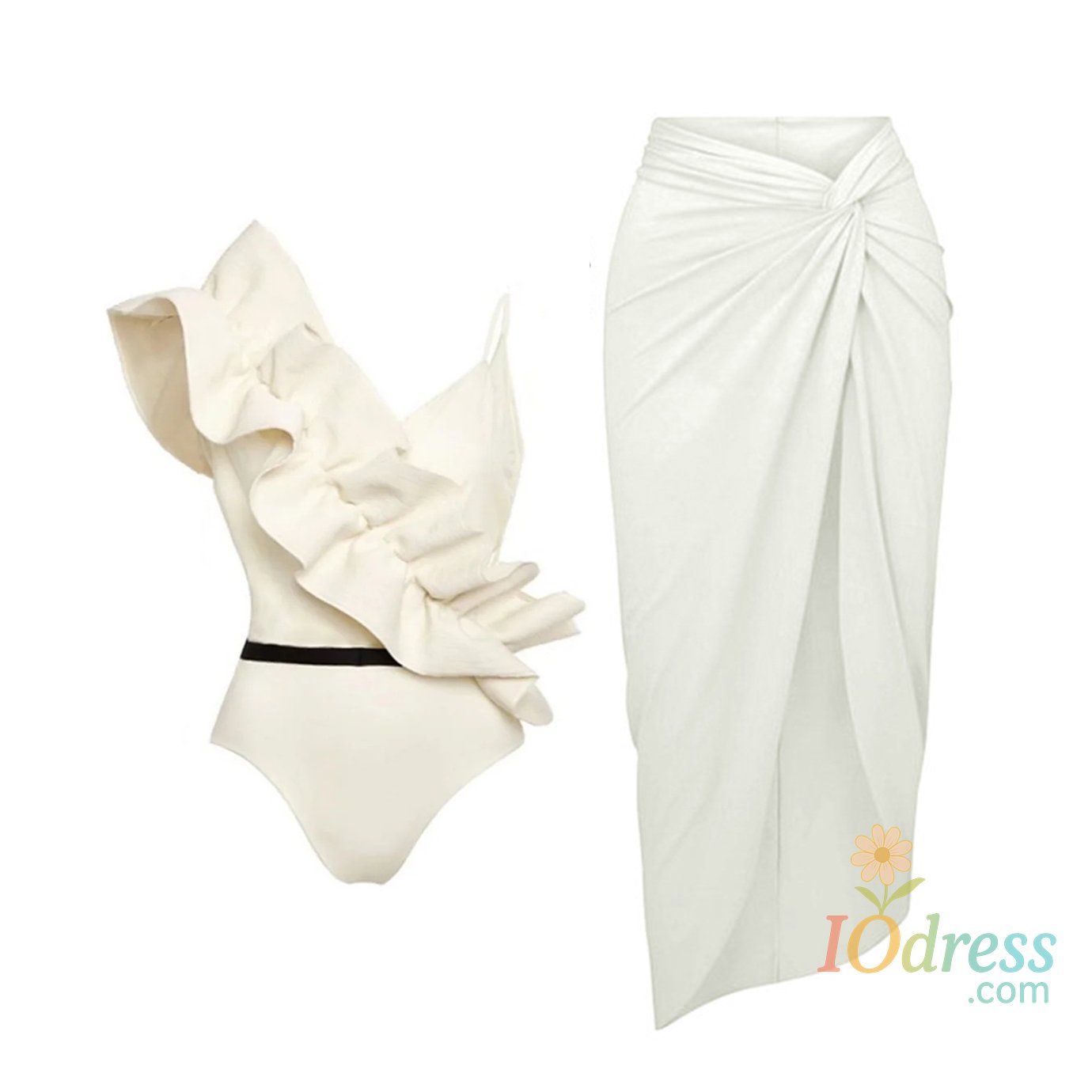 IO Dress One Shoulder Ruffle Bikini Set With Cover Up White Belt Swimsuit Sexy Swimwear Women High Waist Biquini Bathingsuit Beachwear