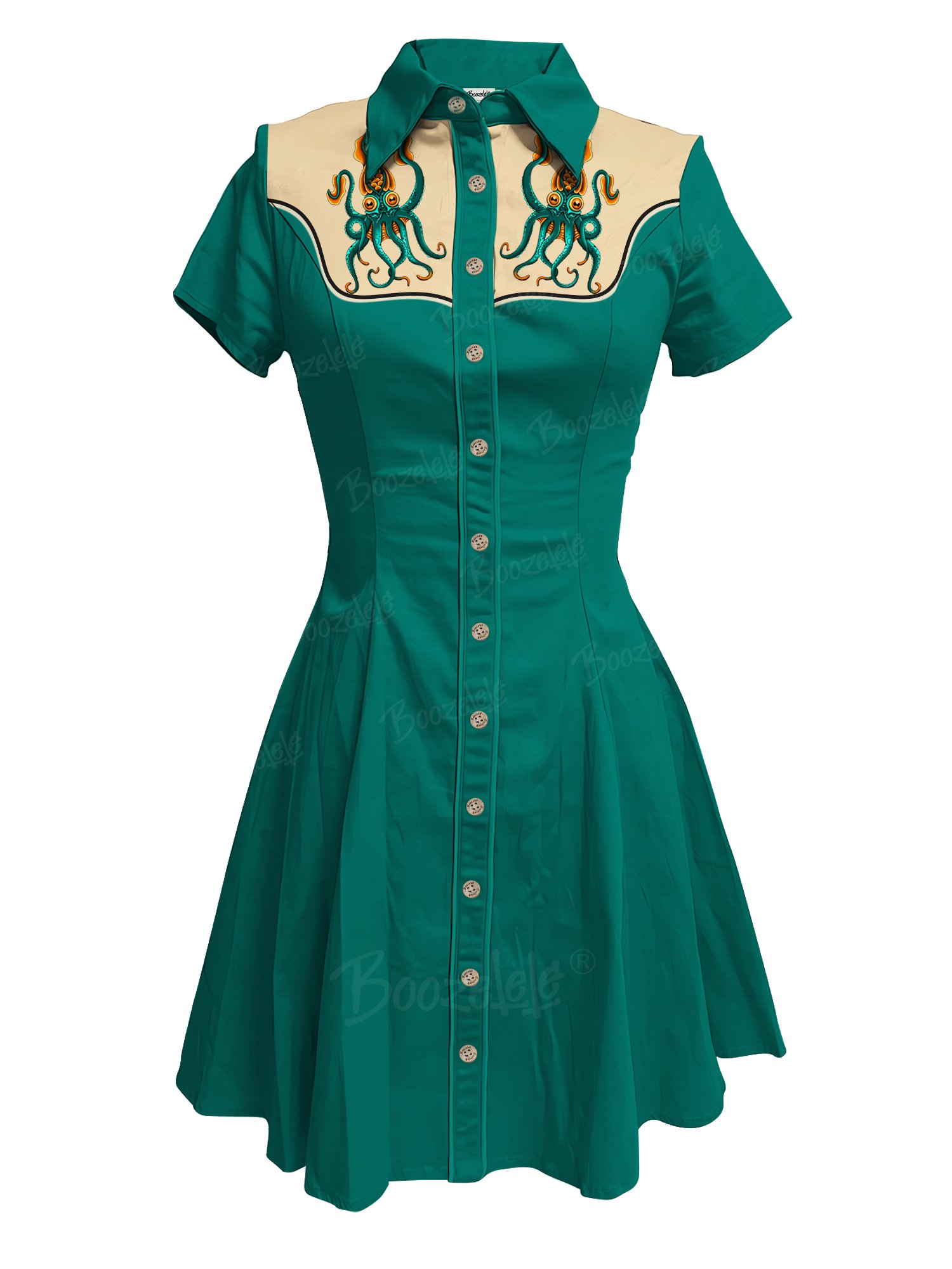 Retro Octopus Print Women's Western Cowboy Dress Short Sleeve Buttondown  100% Cotton
