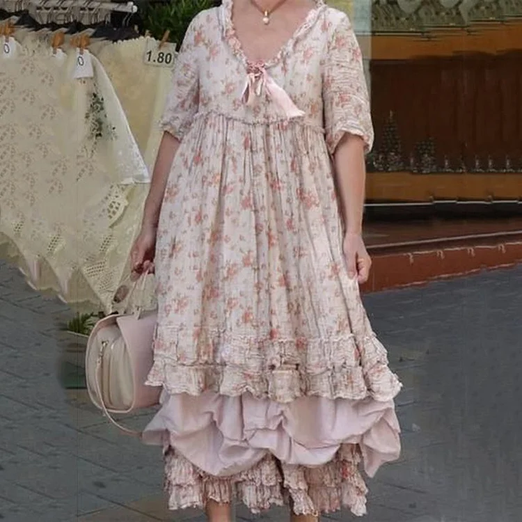 Vintage Floral Printed V Neck Comfy Maxi Dress