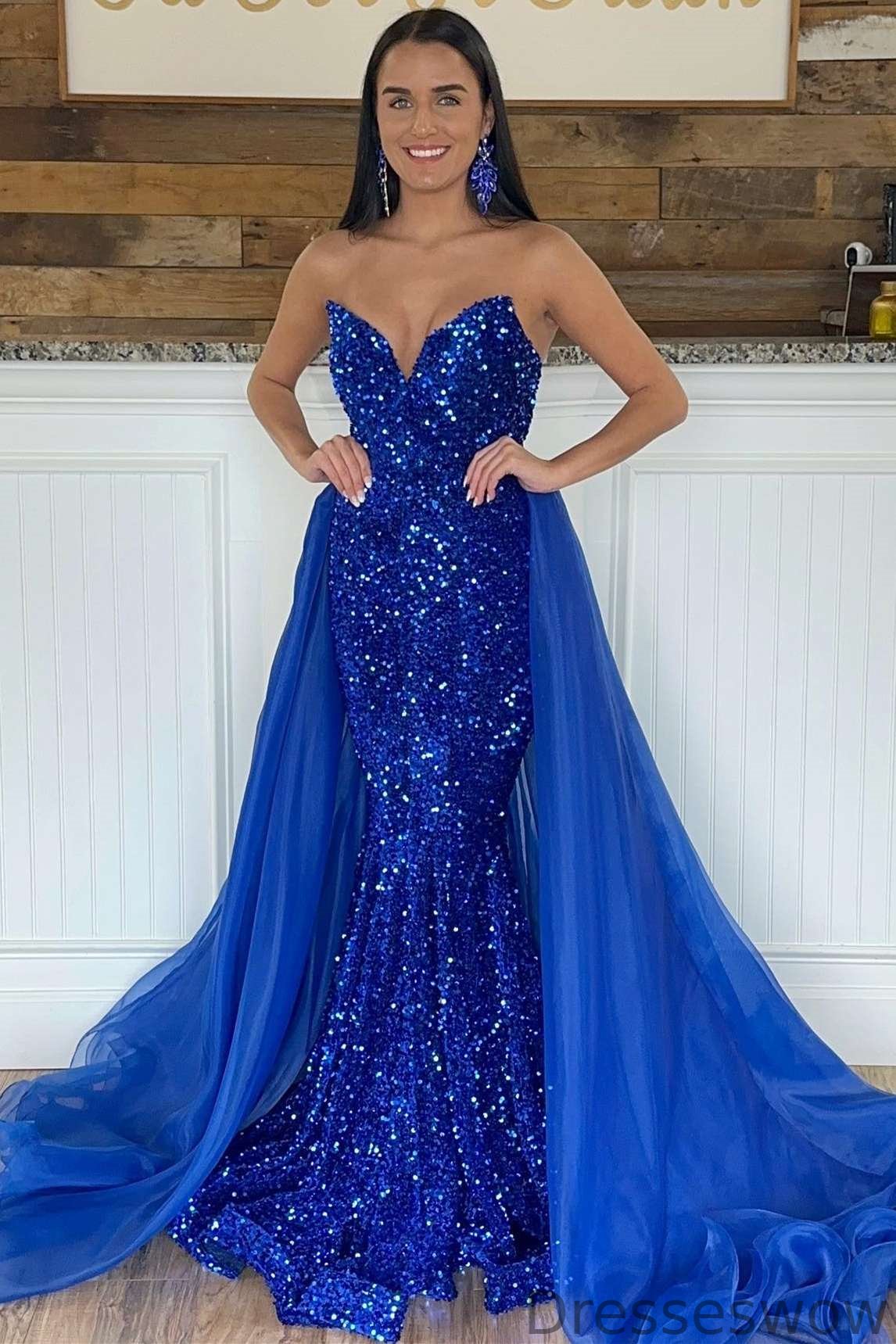 mermaid prom dress with detachable skirt Gorgeous Detachable Train Mermaid Royal Blue Sequins Prom Formal Dress, GP184 jkprom