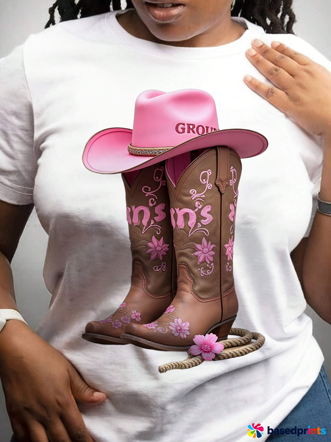Cowboy Boots with Pink Flowers and Hat