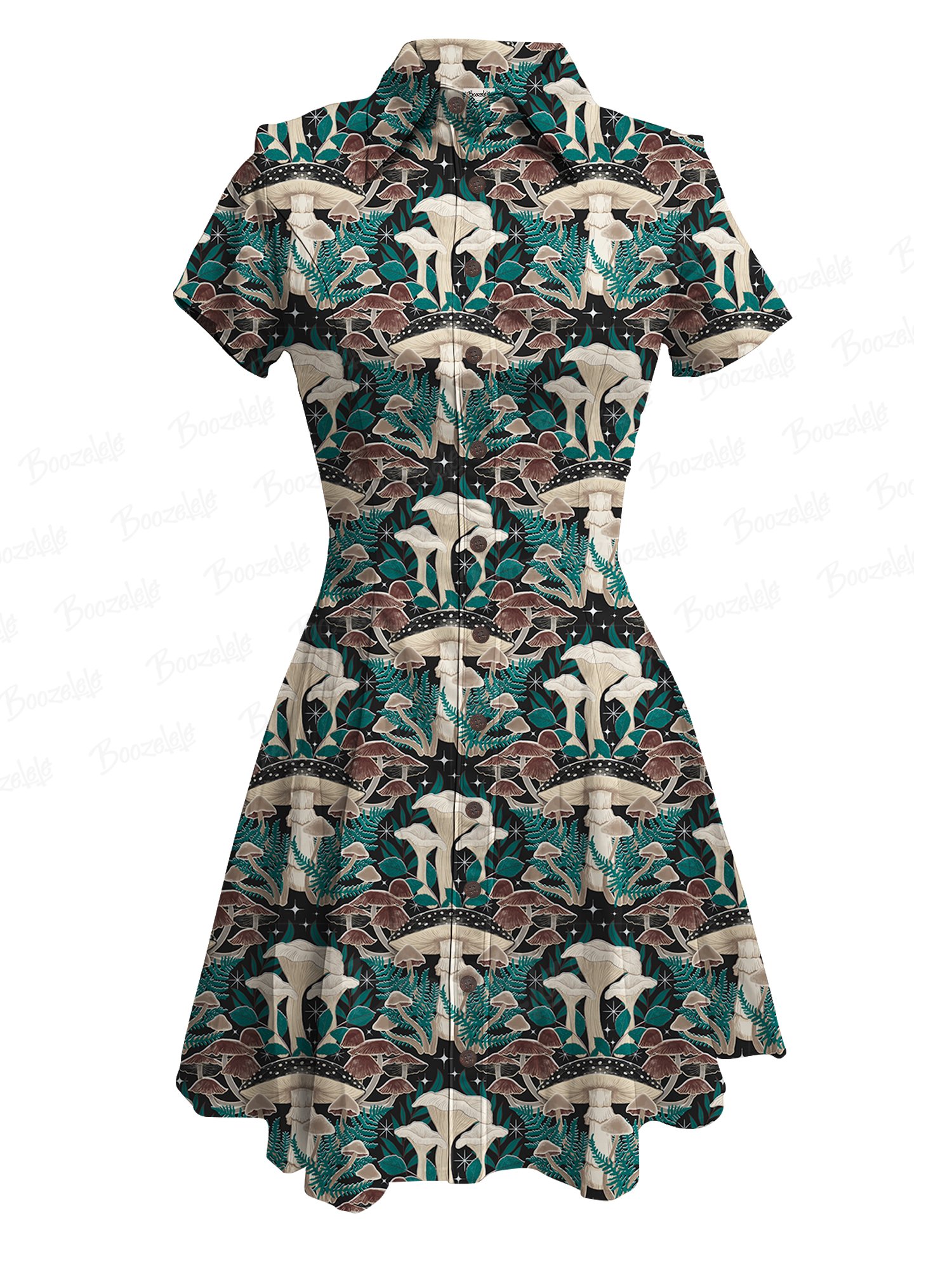 Perrin Le Feuvre X Boozelele】Moody_Moonlit_Mushroom_Damask Print Women's Western  Cowboy Dress Short Sleeve Buttondown 100% Cotton