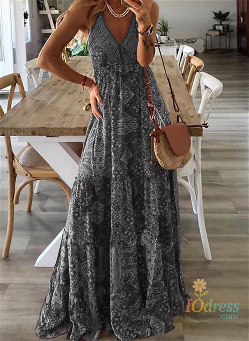 IO Dress 2025 Women's Summer Boho Long Dresses Elegant V Neck Party Dresses Vintage Printed Sleeveless Sexy Slim Maxi Beach Dress Mujer