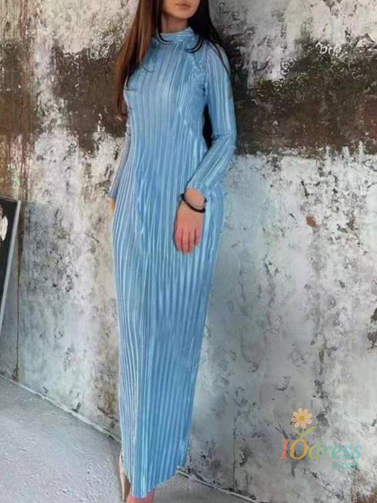 IO Dress Women's Spring Autumn Solid Color Knitted Dress with Belt Long Sleeve Top Half High Collar Wrinkled Hip Wrap Slimming Long Dress