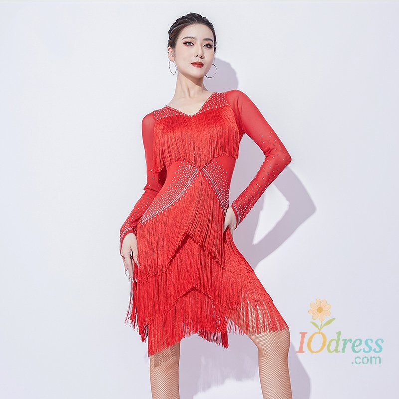 IO Dress Summer Fringe Latin Dance Dress Women Samba Rumba Dance Outfit Black Short Sleeve Dresses Adult Practice Dancewear Red VDL4076