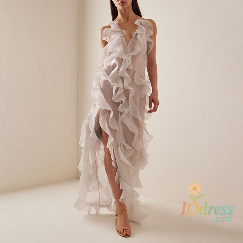 IO Dress Talenza Ruffled Slit Dress Women's Sexy V Neck See Through Backless Halter Sling Long Dress Female Party Elegant Chiffon Dresses