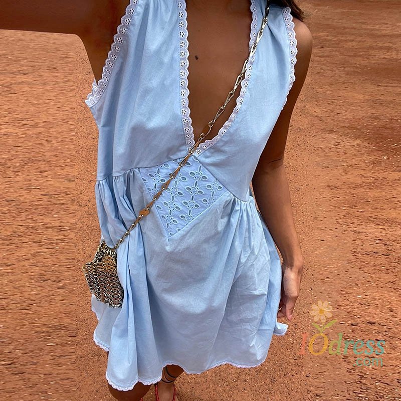 IO Dress Womens Lace Trim V Neck Mini Dress Y2k 90s Vintage Aesthetic Summer Flowy Swing Dress Going Out Boho Coquette A Line Dress