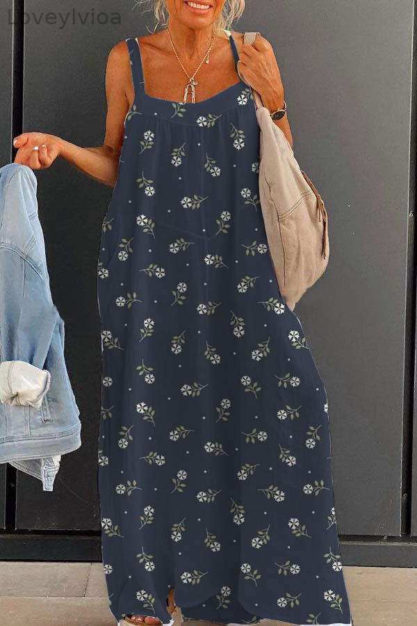Women's Fashion Pastoral Retro Floral Large Size Loose Suspender Printed Dress Long Skirt