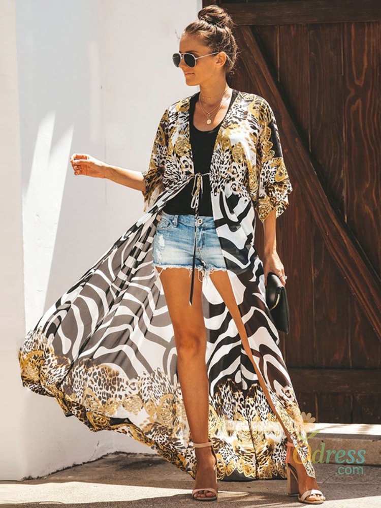 IO Dress Bikini Cover Up Chiffon Beach Kimono Women Leopard Printed Long Cape for Swimsuit Tunic Summer Beach Wear Factory Supply