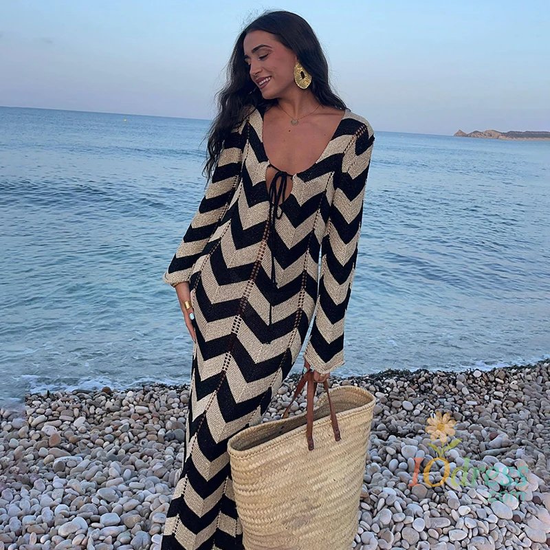 IO Dress DSMTRC Women's Stripled Long Sleeve Slim Elegant Knitted Maxi Dress V Neck Autumn New Lace Up Hollow Sexy Beach Cover Up Dress