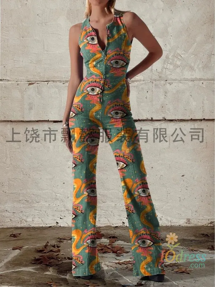 IO dress Women Fashion Printed Jumpsuits 2025 Spring Summer Sexy Sleeveless Long Straight Pants Jumpsuits With Zipper Female New Clothing IO Dress