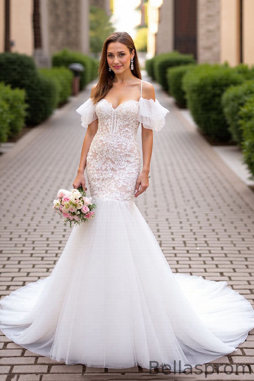 knee length dresses for ladies Sweetheart Off-Shoulder Satin Mermaid Wedding Dress Pleated Tulle Long-Sleeves Train Bride Gowns White / Custom Size