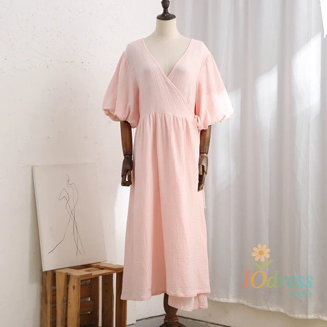 IO Dress Causal 100% Cotton Women's Dress Vintage Crepe Gauze V-Neck Puff Sleeve Bandage Lace Up Elegant White Dresses Long Maxi Robe
