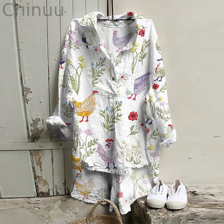 Casual Floral Chicken Linen Short Front And Long Back Blouse