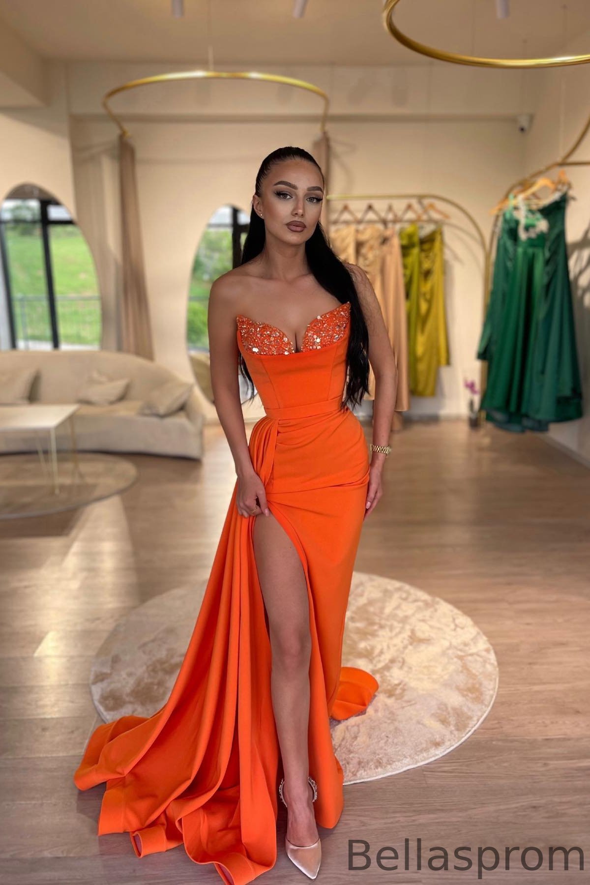 chinese dress ladies Orange V-Neck Spaghetti-Straps Long Mermaid Prom Dress With Sequins Or main image 0