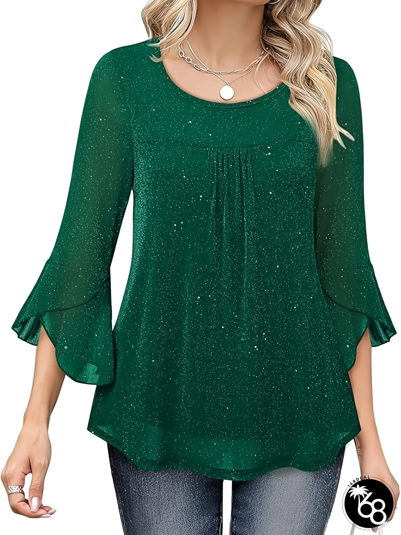 Elegant Red Glitter Womens Blouse Sleeves Round-neck Ruffled Hem Stylish Solid Color Top | 168DEAL