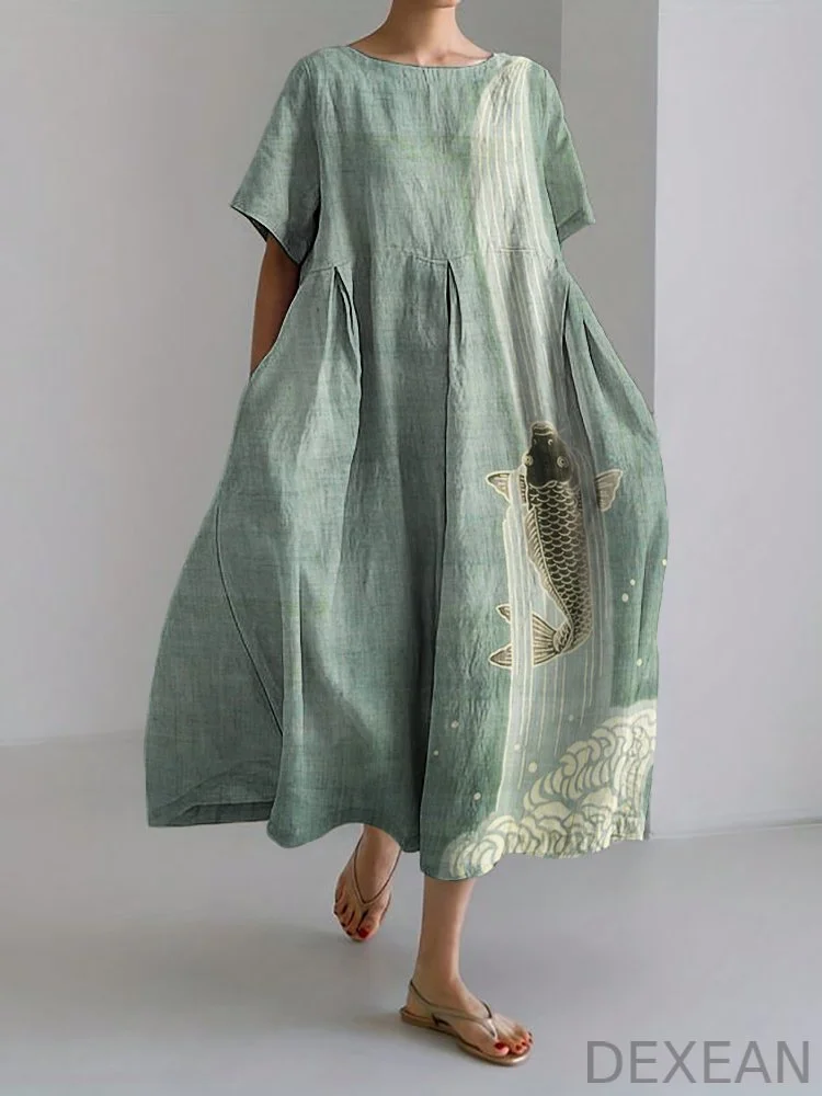 Upstream Carp Japanese Art Linen Blend Maxi Dress