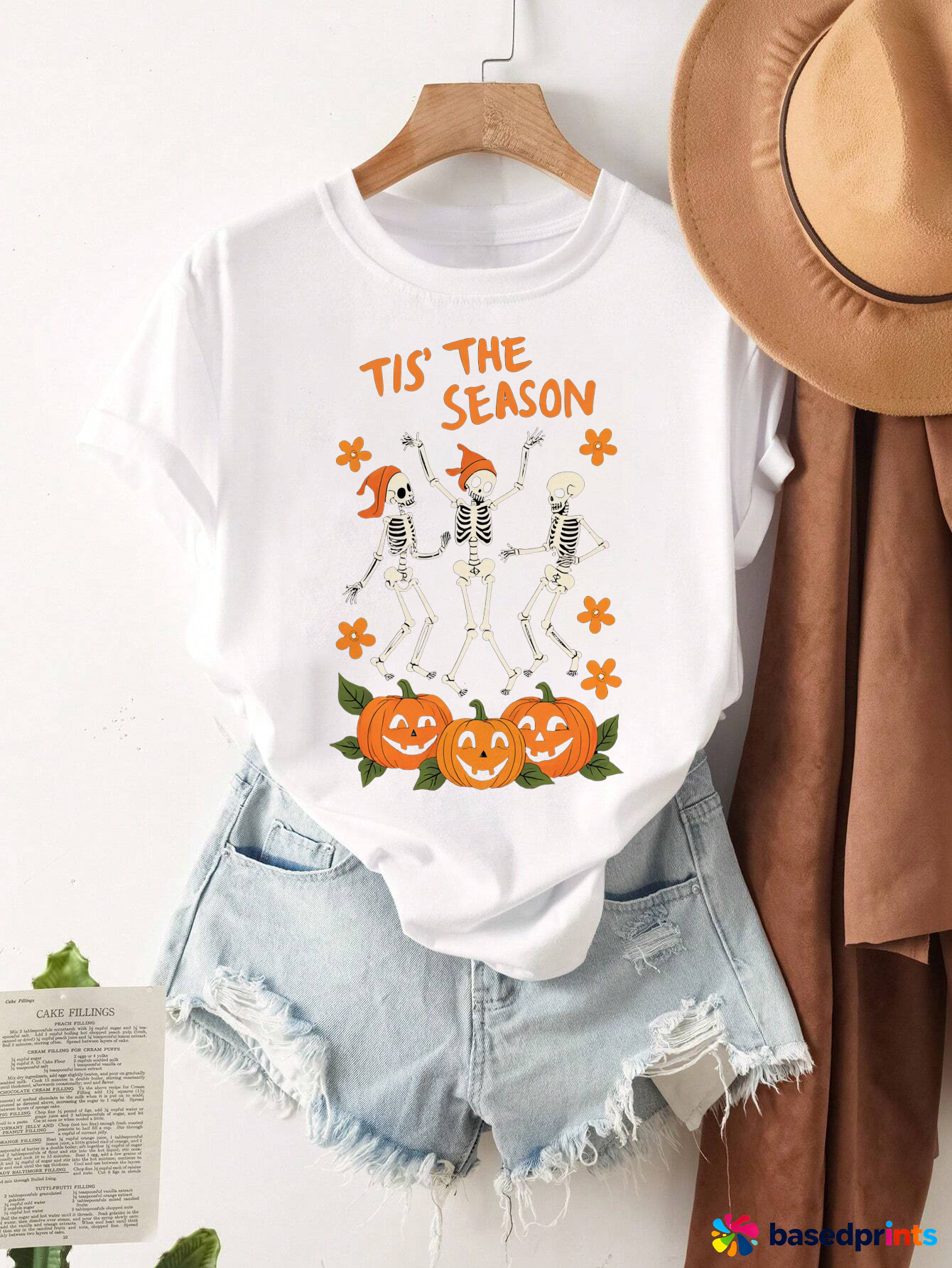 White T-Shirt with Skeleton and Pumpkin Print