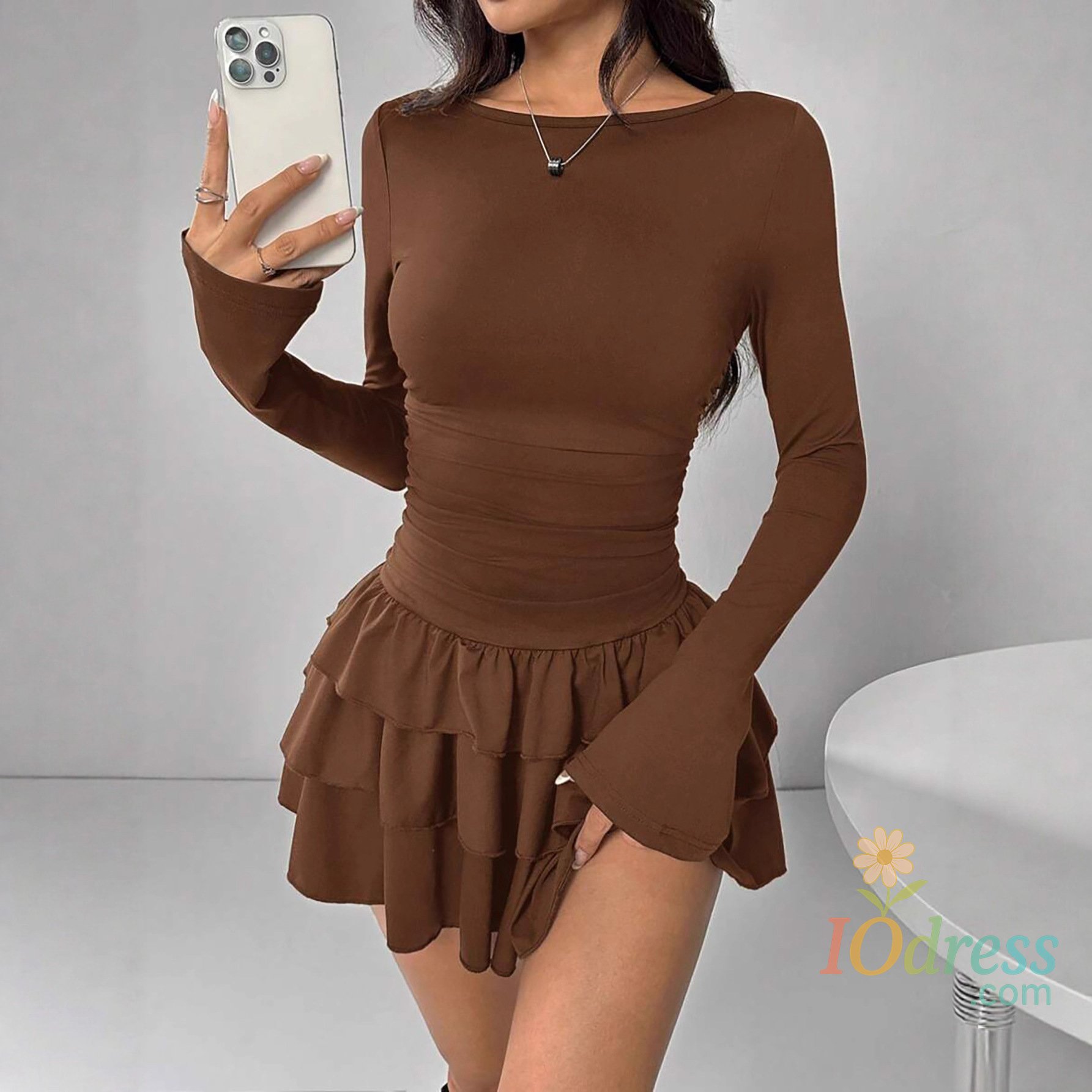 IO Dress 2025 Autumn Solid Slim Fit Cascading Ruffles Mini Dress Winter Women Elegant Flare Sleeve High Waist Sexy Party Bodycon Dresses