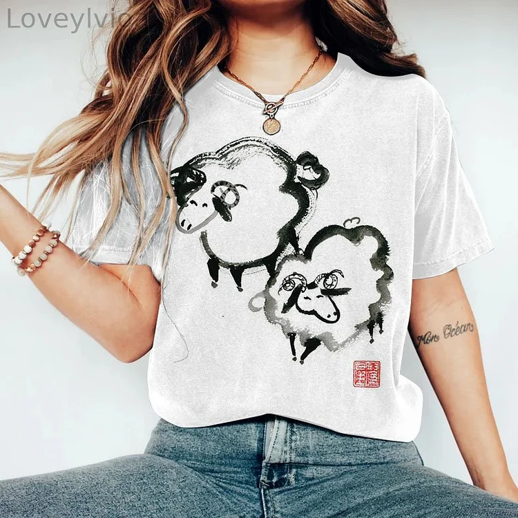 Vintage Cute Farm Sheep Round Neck Casual T Shirt