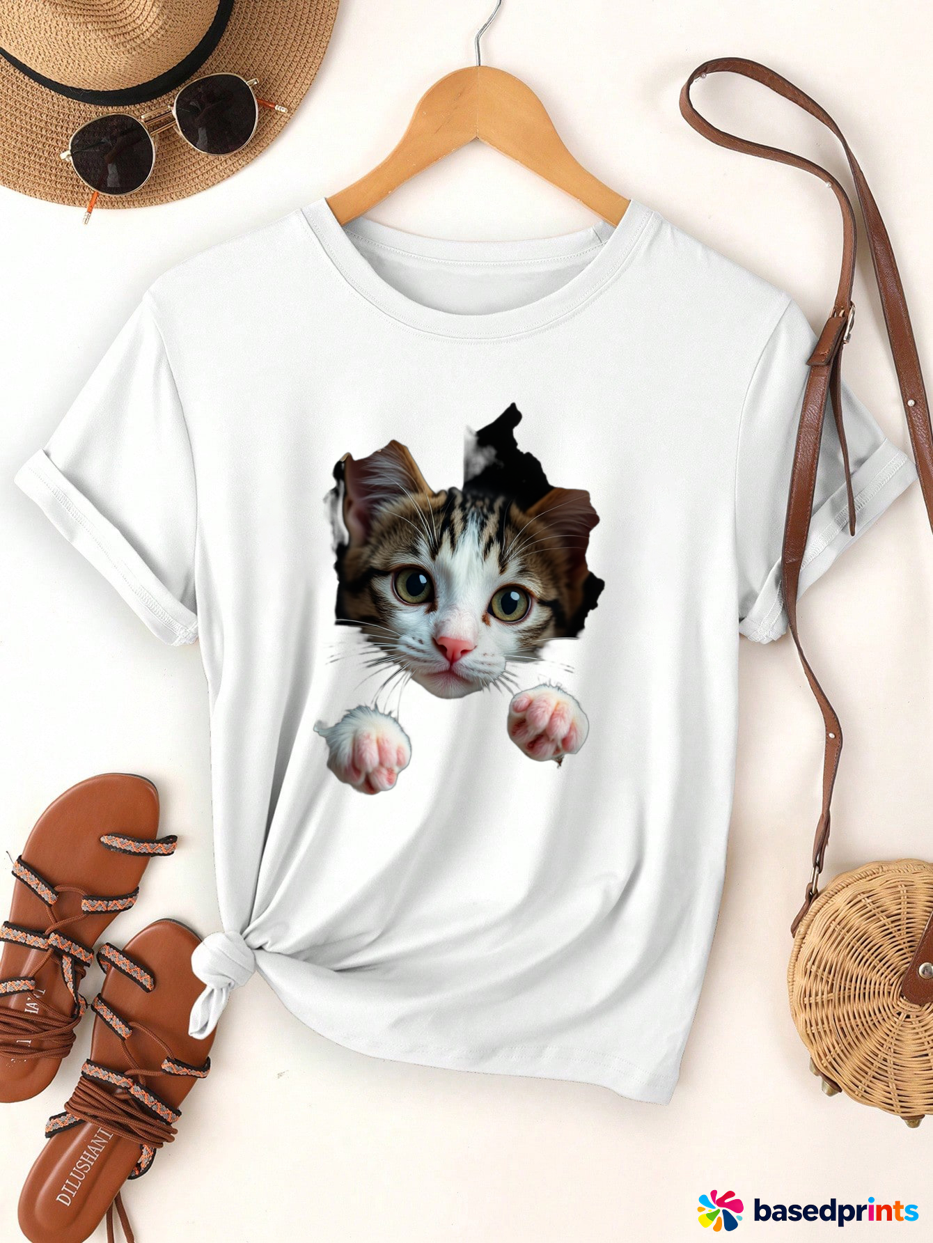 Cat Print T-Shirt Women Summer Casual Short Sleeve Tee Tops