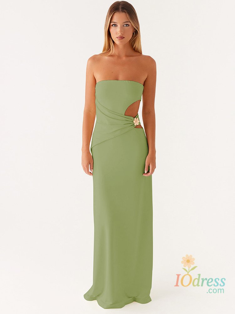 IO Dress Mozision Hollow Out Off-shoulder Sexy Maxi Dress Women Fashion Metal Flower Strapless Sleeveless Backless Bodycon Club Dress