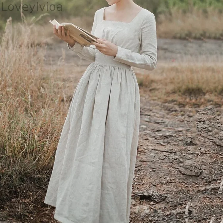 Vintage Square Neck Comfy Cotton Linen Maxi Dress