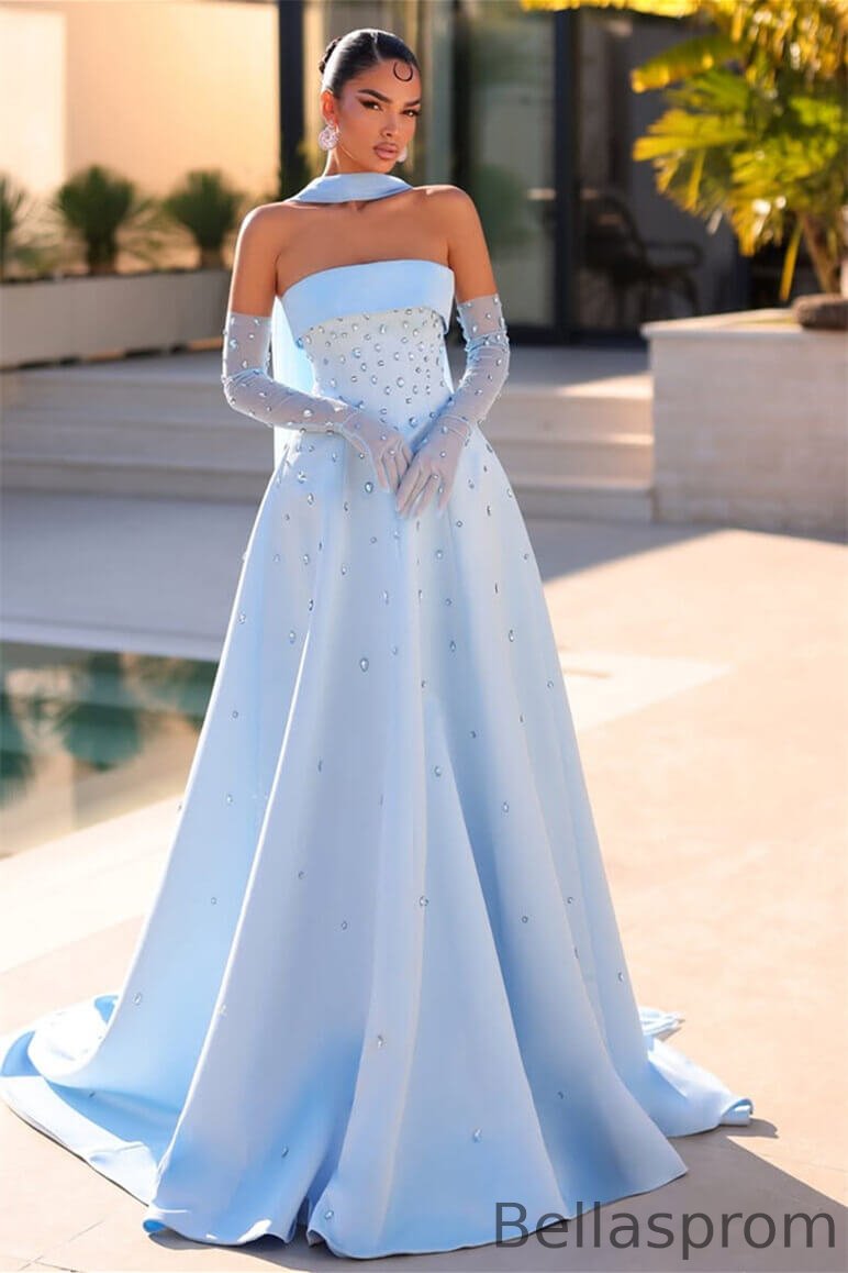 navy blue dress for baby girl Bellasprom Sky Blue Strapless A-Line Prom Dress Long With Beads