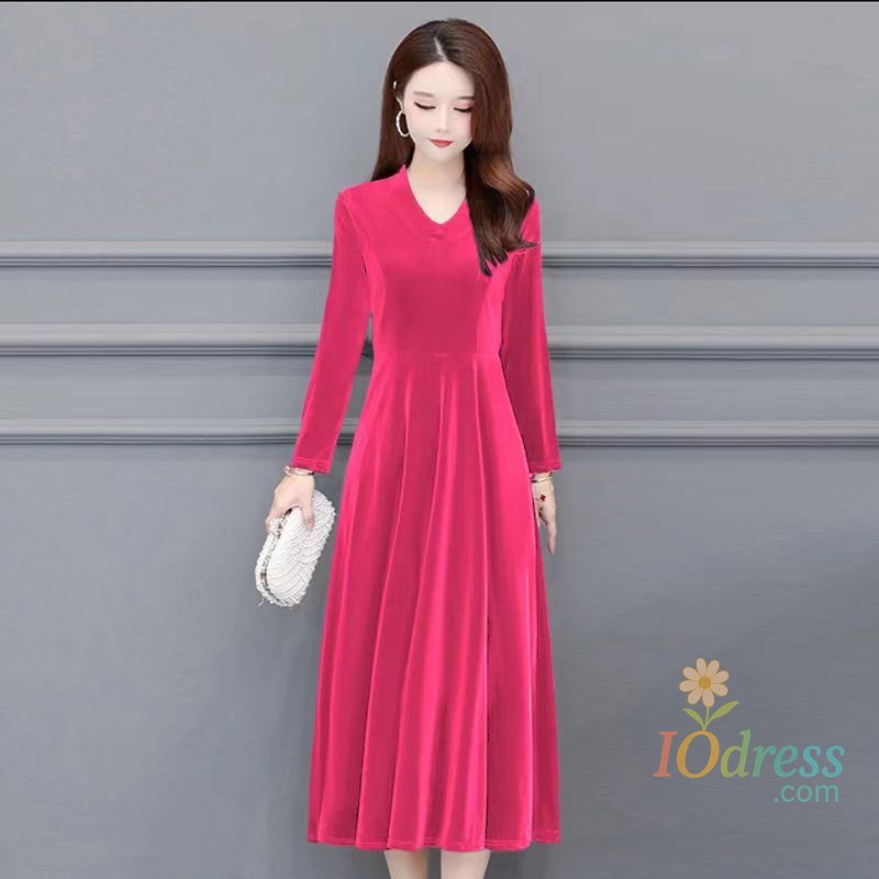 IO Dress V-neck Dress Autumn Winter New Style Waist-hugging to Make You Look Slim and Fashion Solid Long-sleeved A-line Skirt for Women
