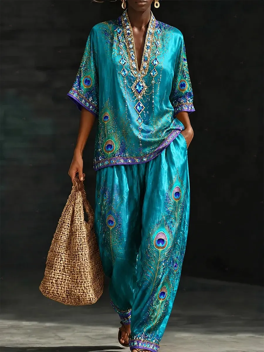 Luxury Peacock Feather Kaftan Set – Turquoise Bohemian Resort Wear for Women