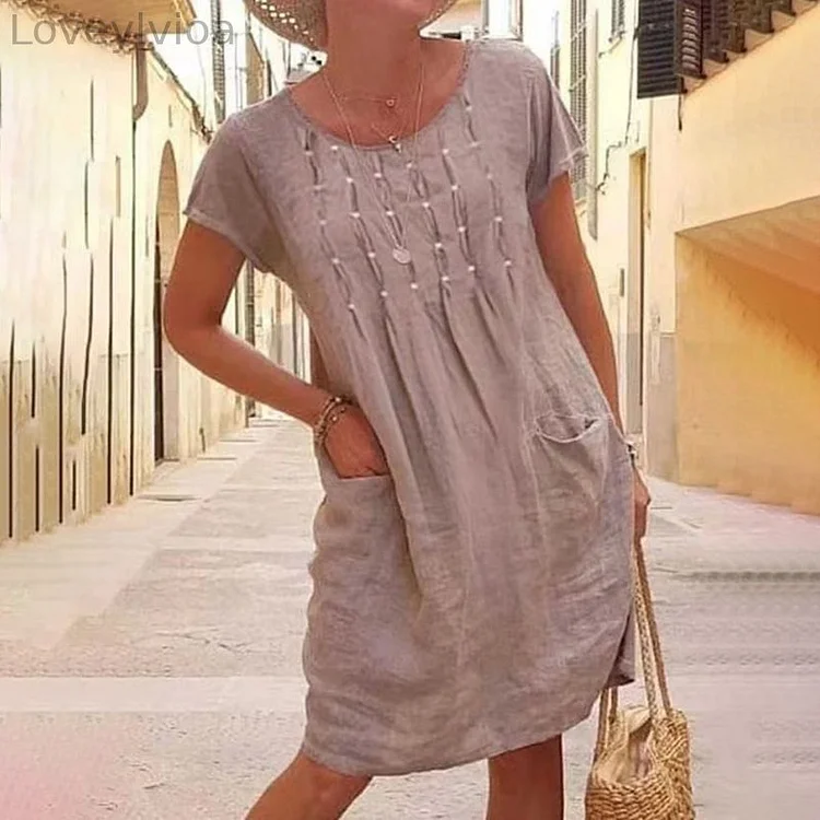 Loose Solid Color Pleated Short Sleeved Round Neck Midi Dress