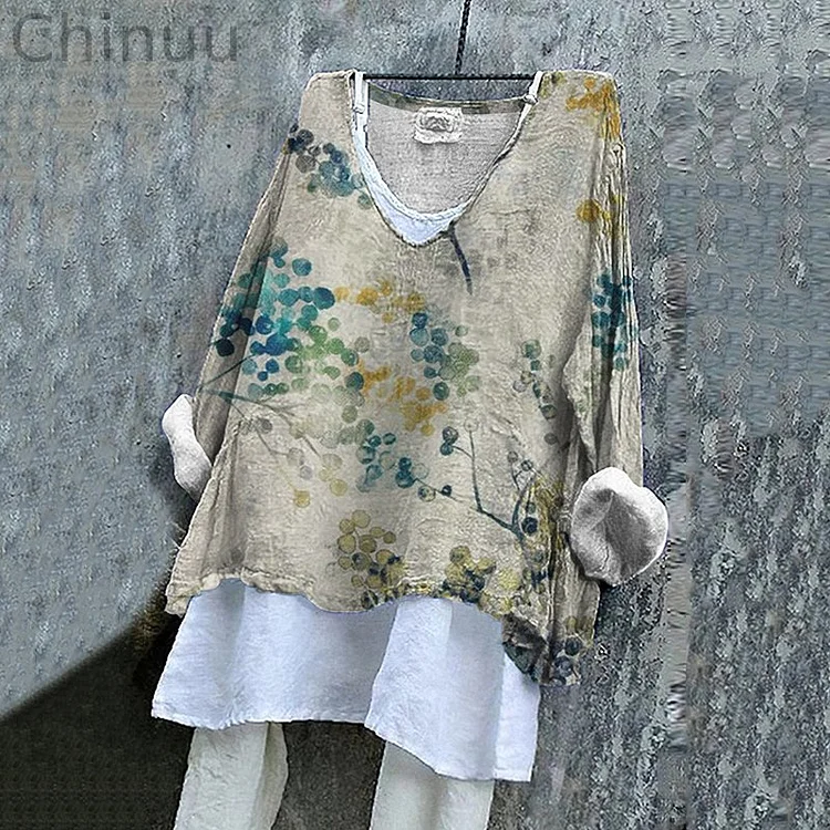 Women's Gradient Floral Painting V Neck Shirt