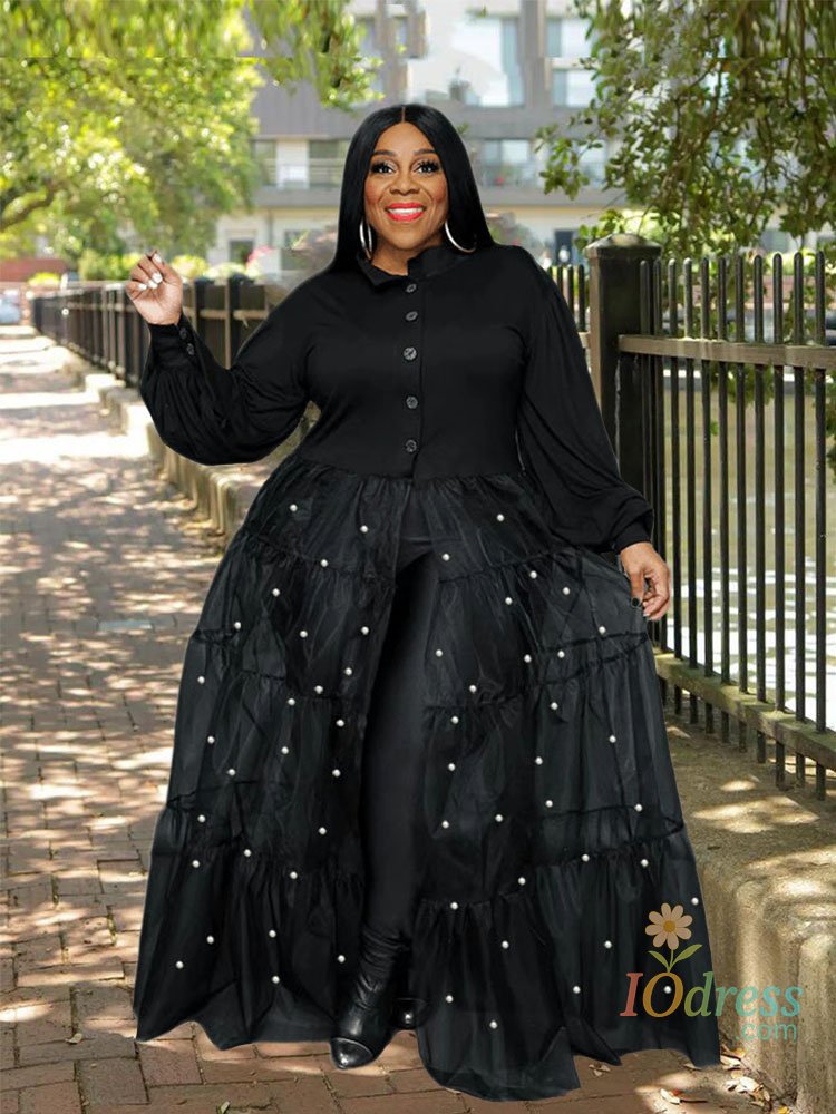 IO Dress Elegant Casual Women Dresses Shirt Type Patchwork Transparent Mesh Dress with Pearls Spring Lady Plus Size Long Black Dress