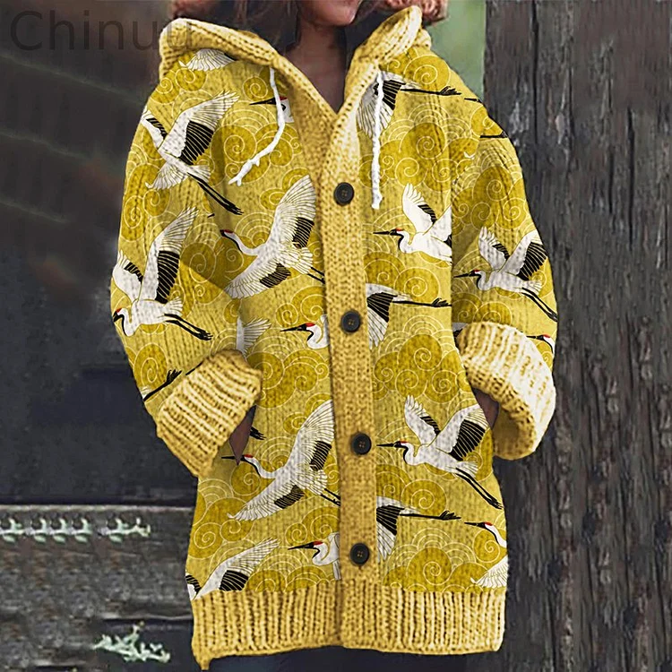 Japanese Art Crane Print Knitted Hooded Cardigan