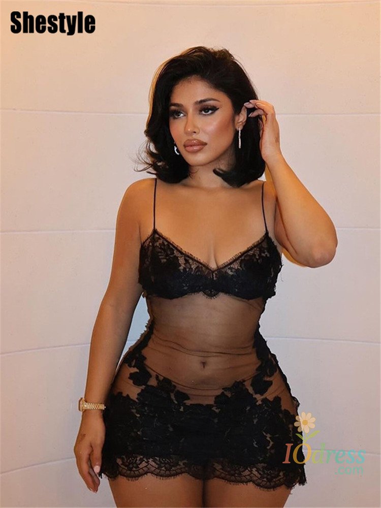 IO Dress Shestyle Lace Transparent Mini Dress Sexy Women Wrapping Spaghetti Embroidery Flower Sheath Nightwear Club Mesh Wave Fantacy