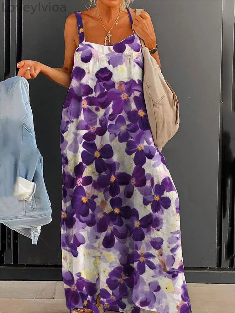 Women's Purple Flower Fresh Printed Large Size Loose Strap Printed Dress Long Skirt