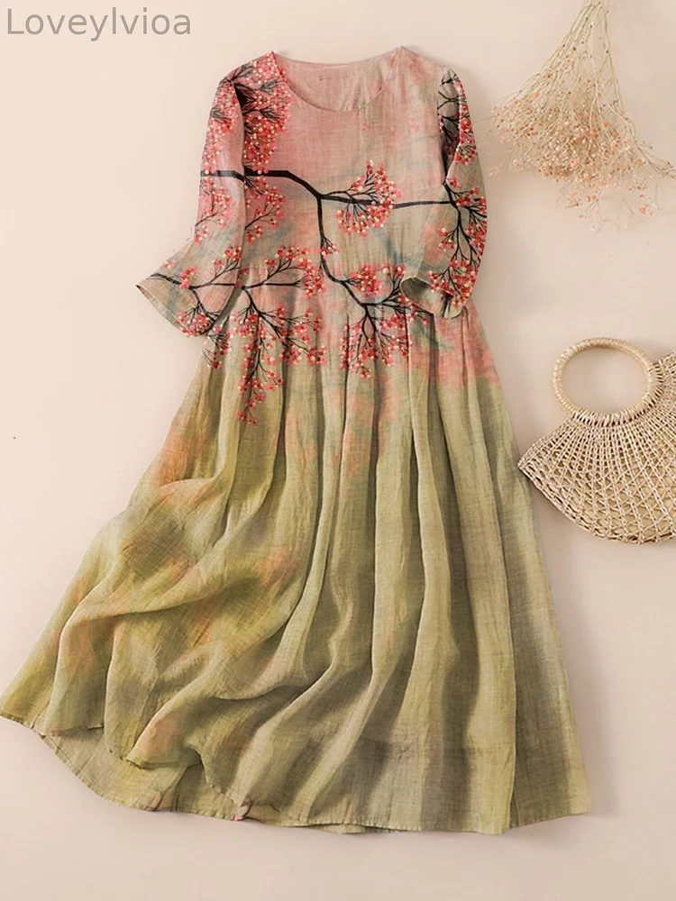 Women's Three-dimensional Gradient Cherry Blossom Art Print Maxi Dress
