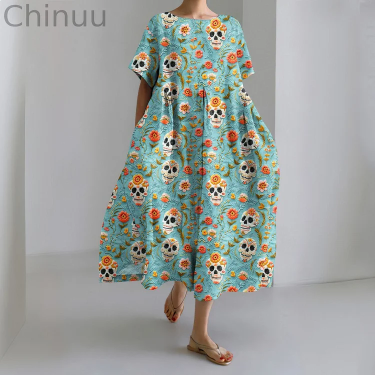 Halloween Skull Print Crew Neck Short Sleeve Midi Dress