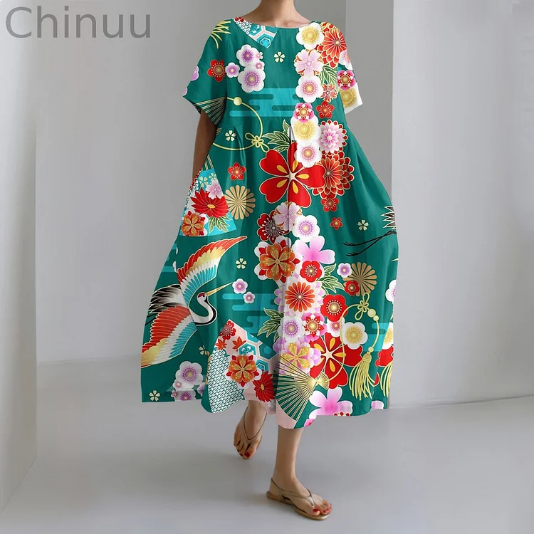 Flower Crane Japanese Art Print Loose Midi Dress