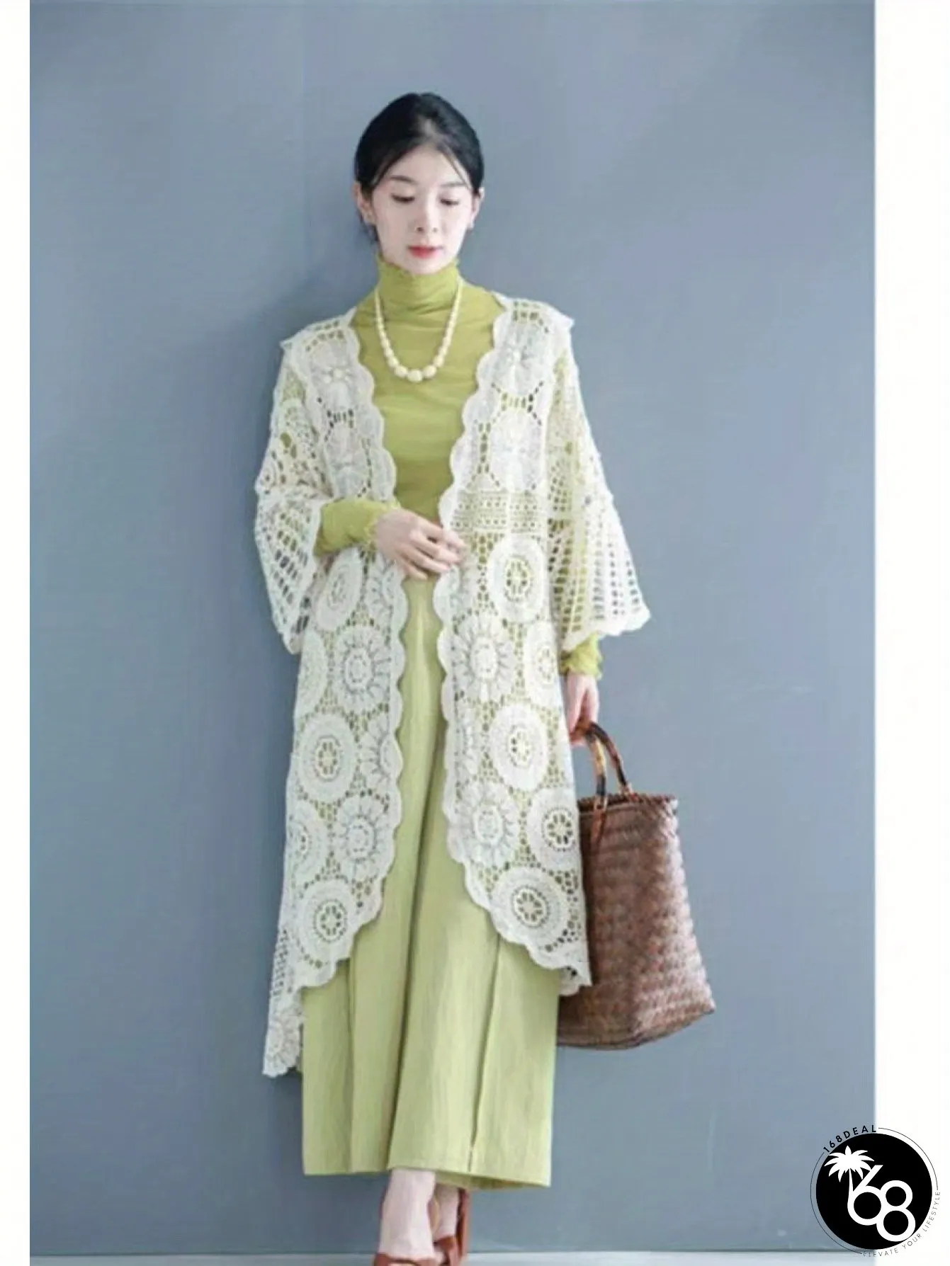Bohemian Elegant Womens Longline Cardigan Semi-Sheer V-Neck Lace Cover-Up Open Front | 168DEAL
