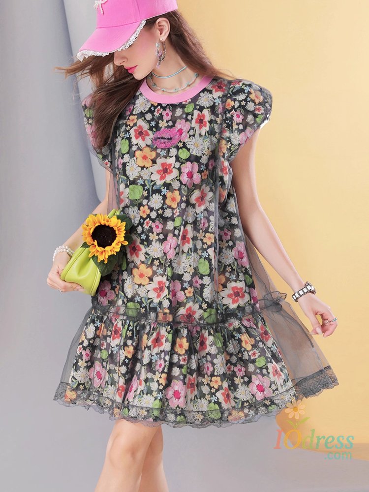 IO Dress Women’s Layered Floral Mesh Dress Summer Sheer Overlay A-Line Dress with Black Tulle Outer Layer and Sleeveless Design