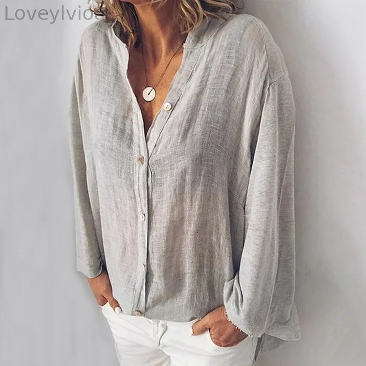 Casual Cotton Linen Stand Collar Solid Color Loose Blouse