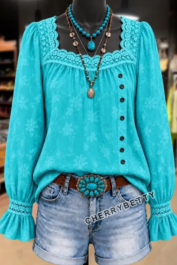 Elegant Flower Embroidered Lace Patch Flared Sleeve Top