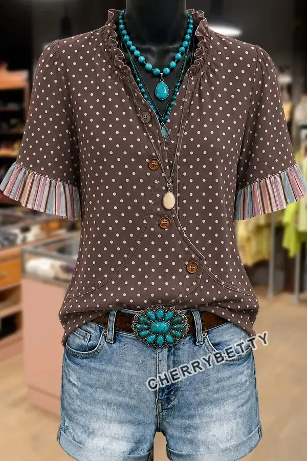 Casual Polka Dot Print V-Neck Striped Ruffle Sleeve Blouse