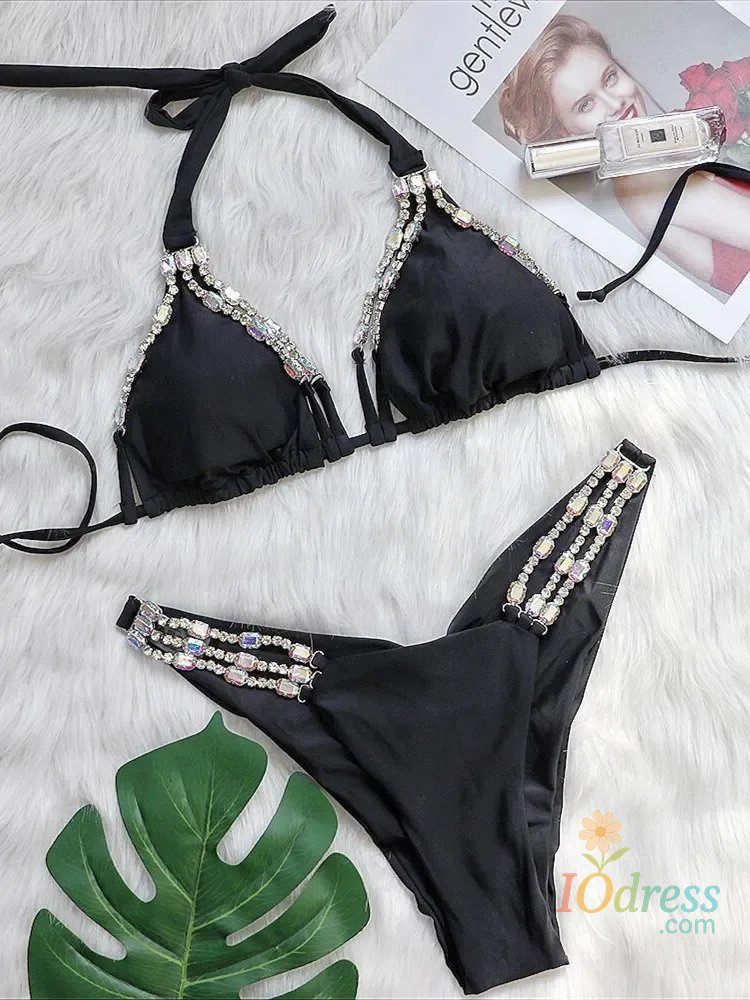 IO Dress Sexy Rhinestone Bikini Set 2025 Shinny Hot Pink Push Up Thong Swimsuit Brazilian Diamond Metal Chain Beach Bathing Suit Swimwear