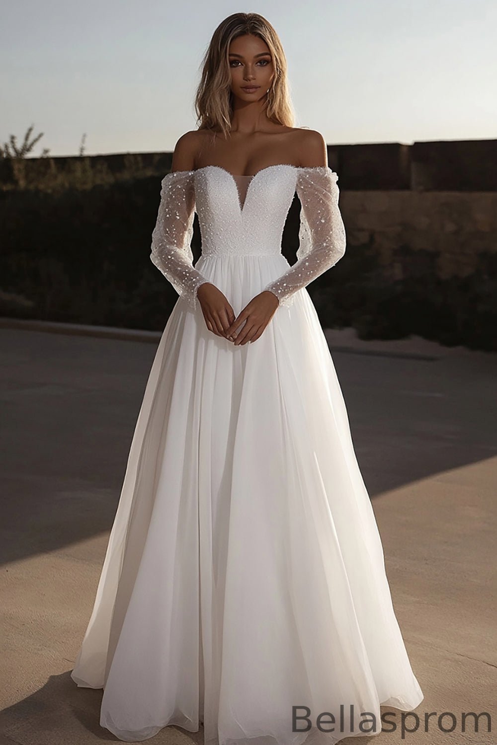 a-line long sleeves off-the-shoulder tulle with beading floor-length dresses Off-The-Shoulder Long Sleeve Tulle A-Line Wedding Dress main image 1