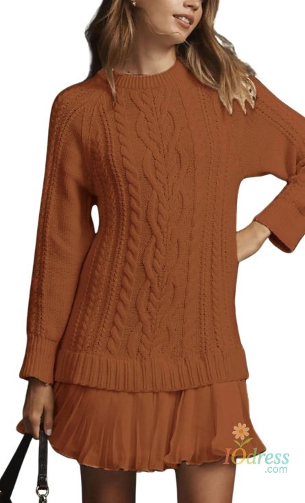IO Dress Women's Casual New Twist Knitted Sweater Chiffon Splicing mini Dresses Autumn Winter Fashion O Neck Long Sleeve Folds Dress